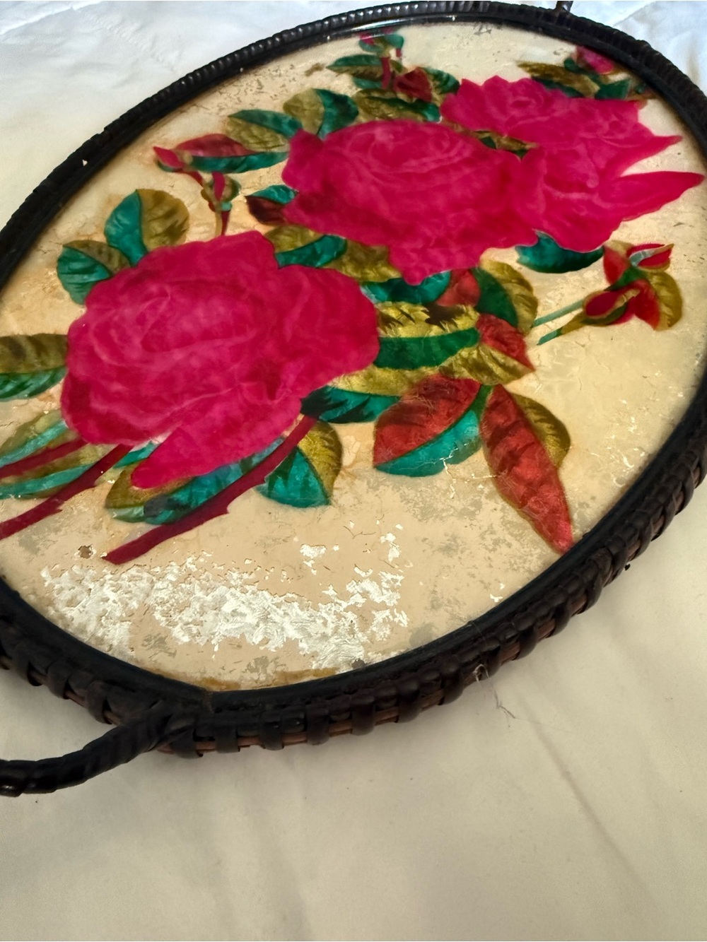 Decorative Pink Rose Accent Tray with Woven Handle